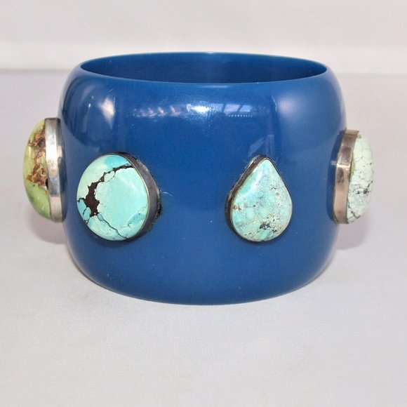 X-Wide Vintage Blue Acrylic Bangle with Genuine Turquoise Stones